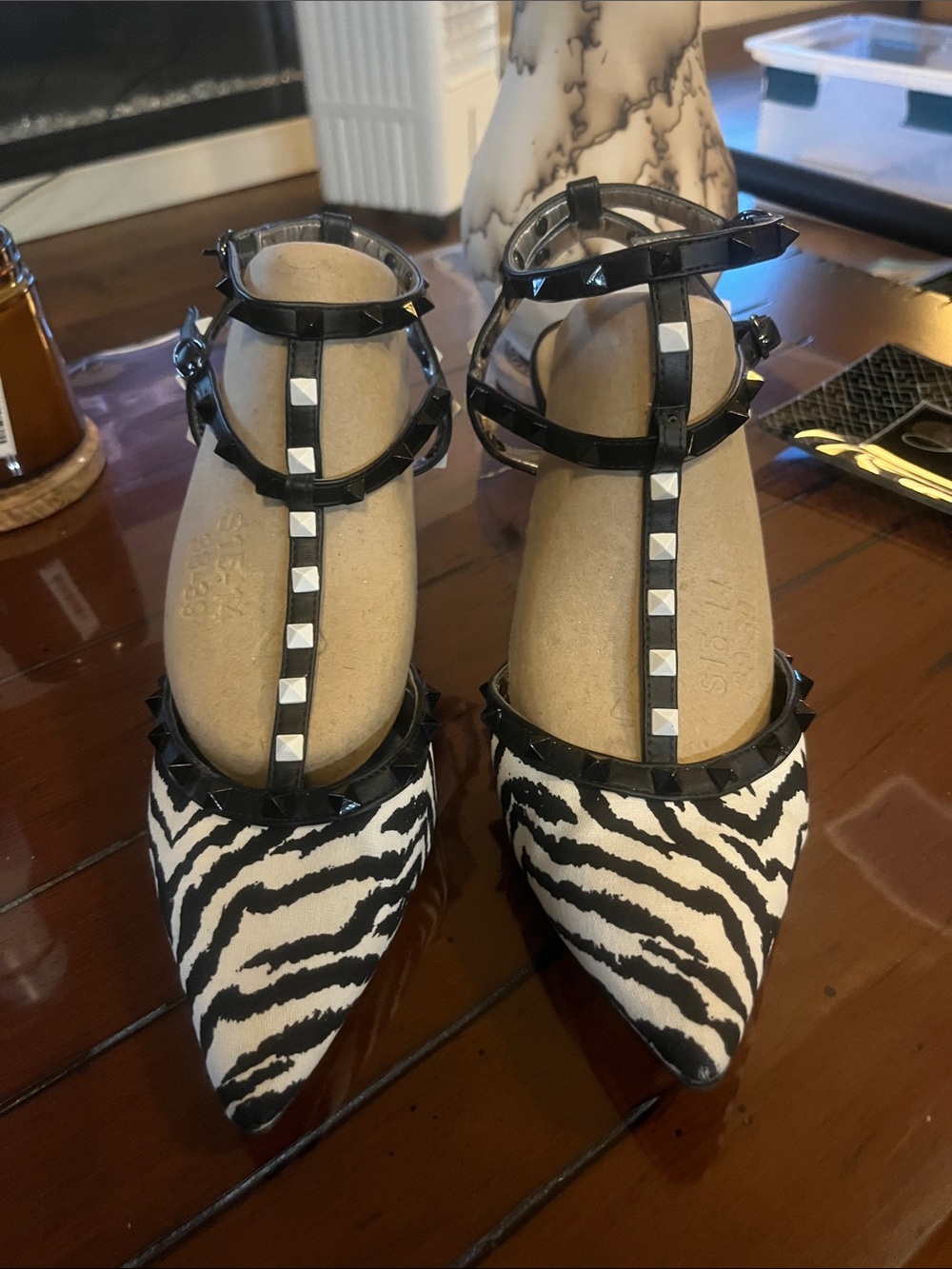 J.Renee Zebra-Print Pointed Flats with Studded T-Strap - Black/White